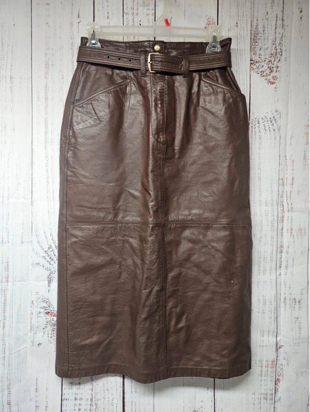 Vintage Together Brown Genuine Leather Midi Skirt Size 6 Belted High Waist